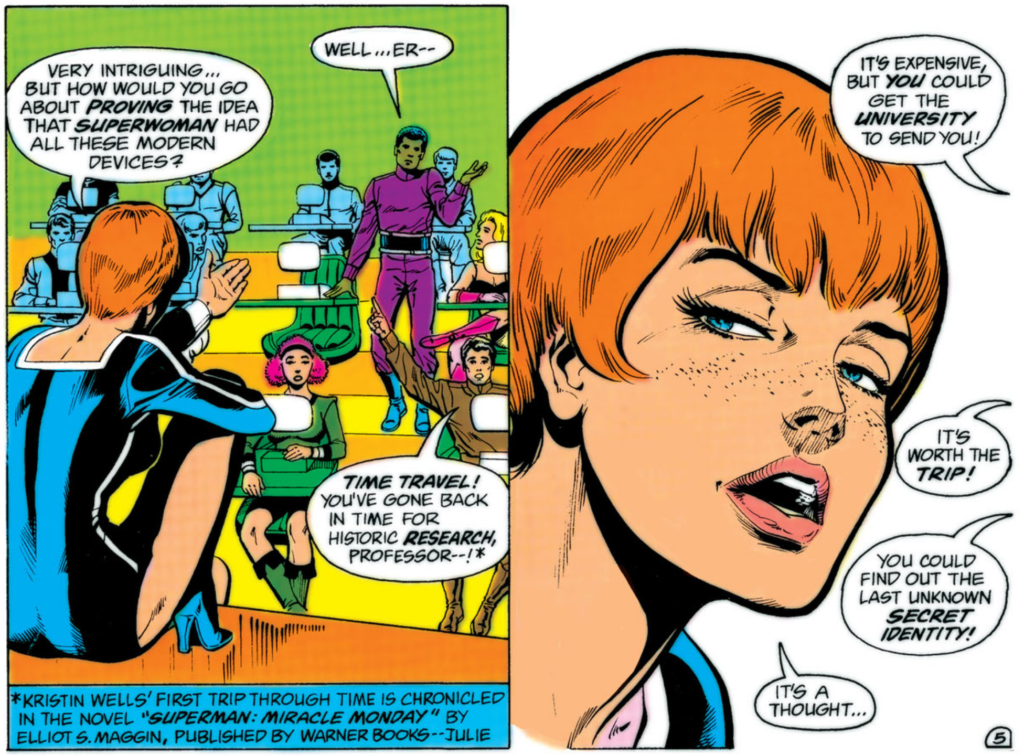 Kristin's students suggest that she should get the university to send her back in time to investigate the identity of Superwoman, noting that she's travelled to the 20th Century before.
Kristin has short red hair and freckles.