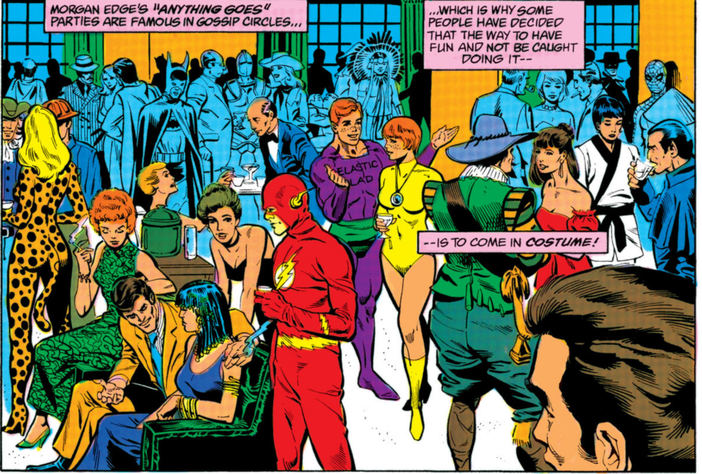 A shot of people mingling at a party, many in costumes, including someone in the background dressed as Spider-Man. Jimmy is wearing  his Elastic Lad costume and talking to Kristin who is wearing yellow leotard.
The text indicates that "anything goes" at Morgan Edge's parties, so people wear costumes to avoid being identified in gossip columns.